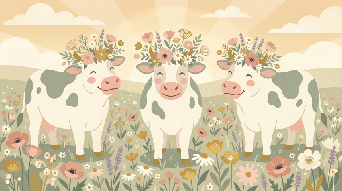 A blooming wildflower meadow with flower-crowned cows — the world after ZER4MOO.