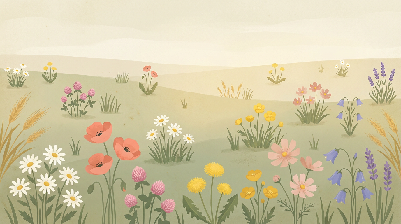 A watercolor wildflower meadow — tap a flower to add it to your bouquet.